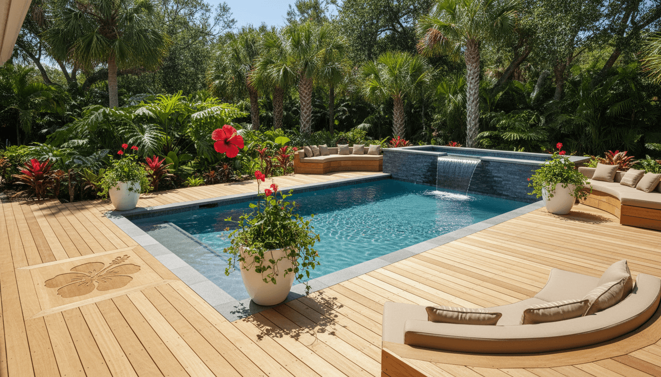 Above-ground pool and deck with tropical plants and red hibiscus in a sunny Florida backyard.