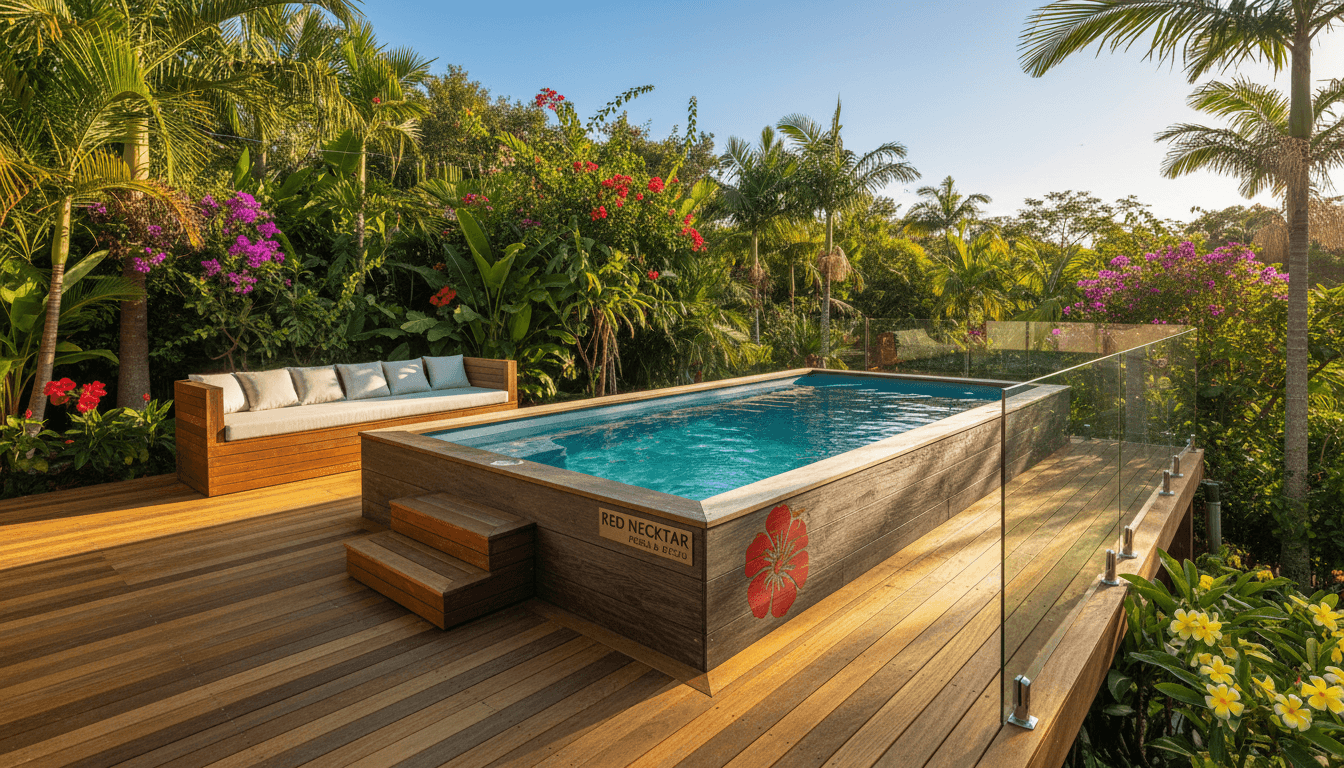 Above-ground pool with wooden deck in a tropical garden on a sunny day