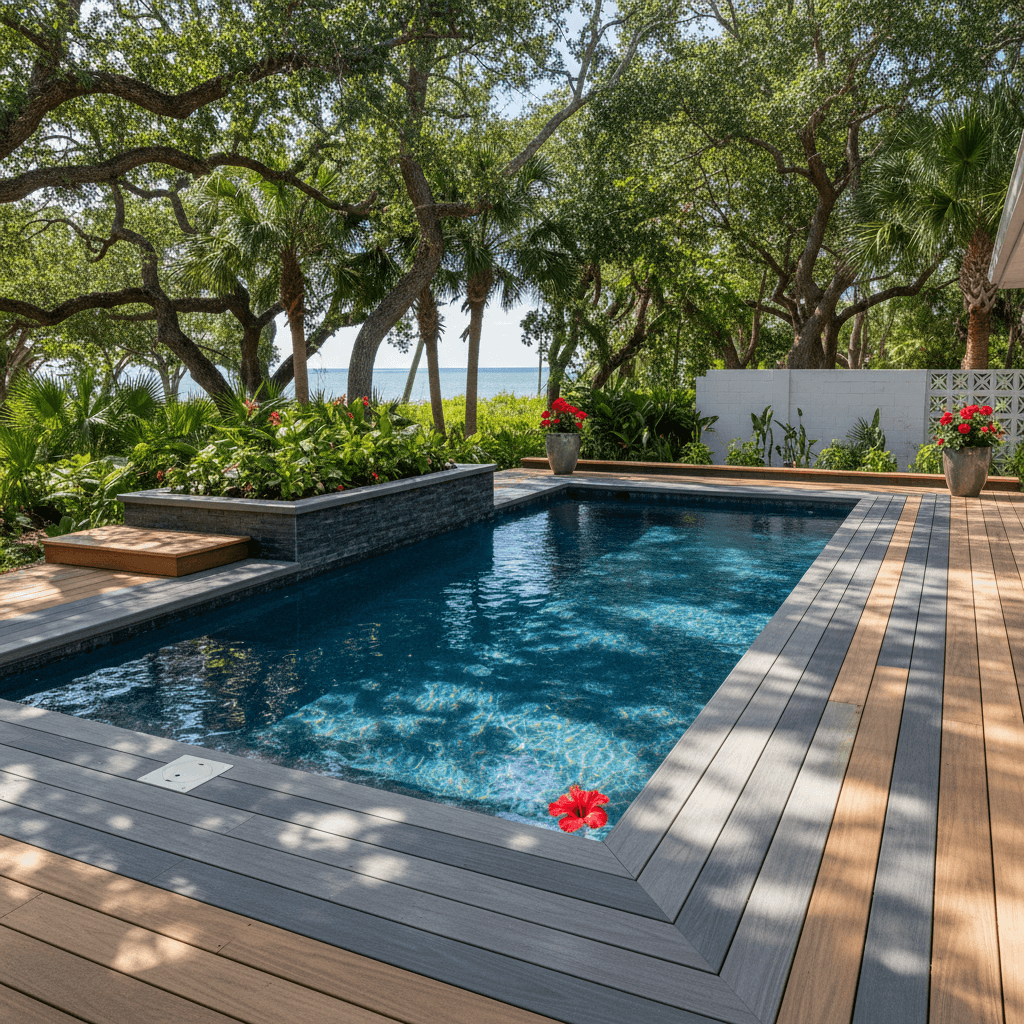 Modern above-ground pool and deck design with hibiscus motif in a sunny backyard
