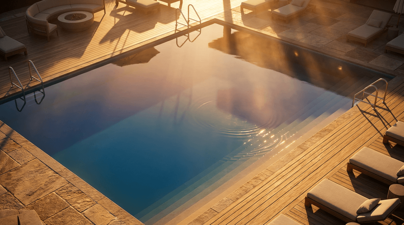 Above ground pool with wooden deck in residential backyard