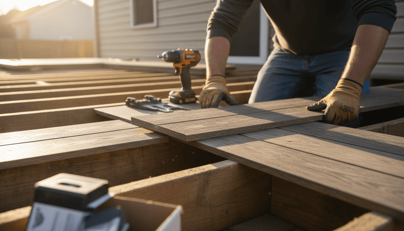 Contractor measuring deck materials for installation
