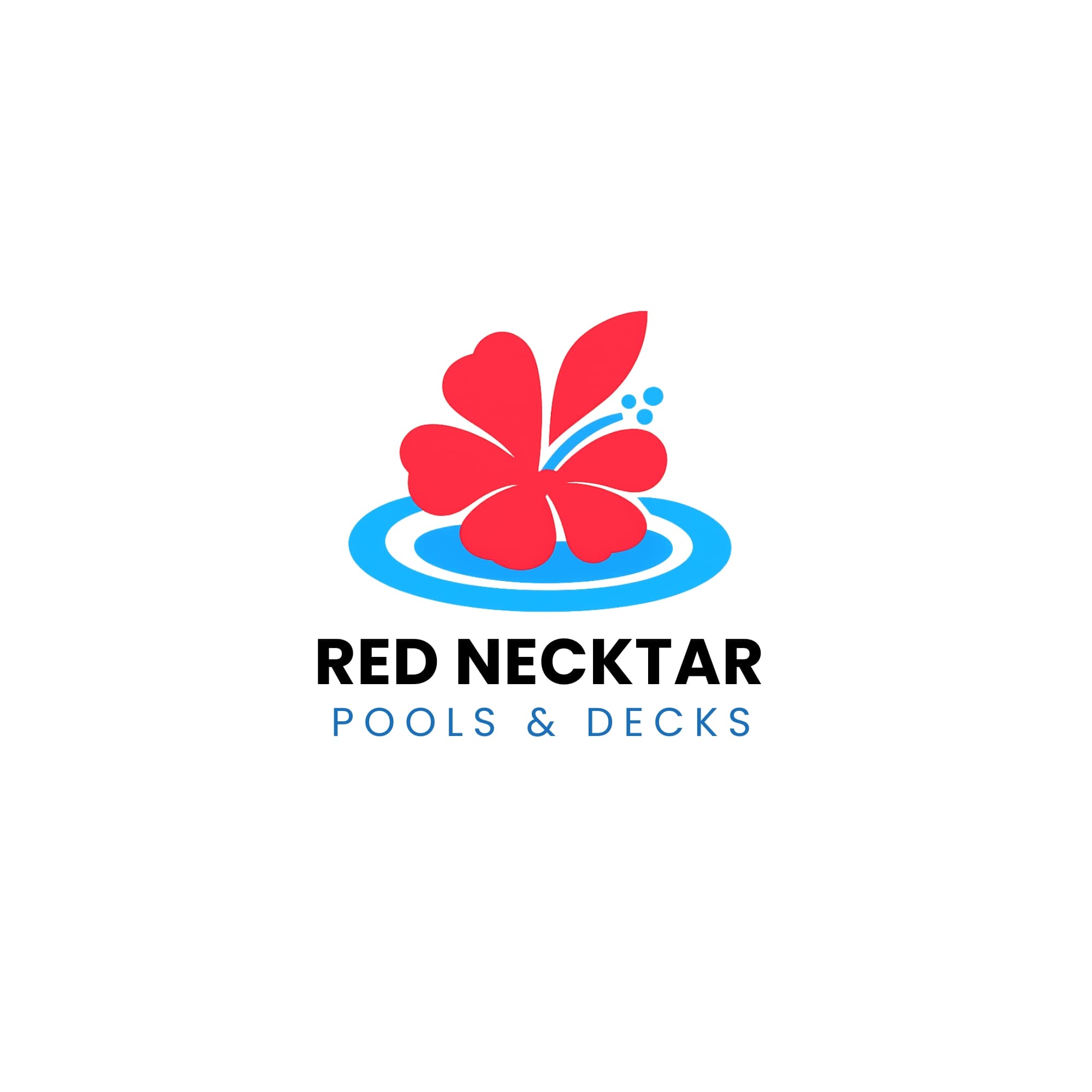 Red hibiscus flower floating in blue water ripples above Red Necktar Pools and Decks.